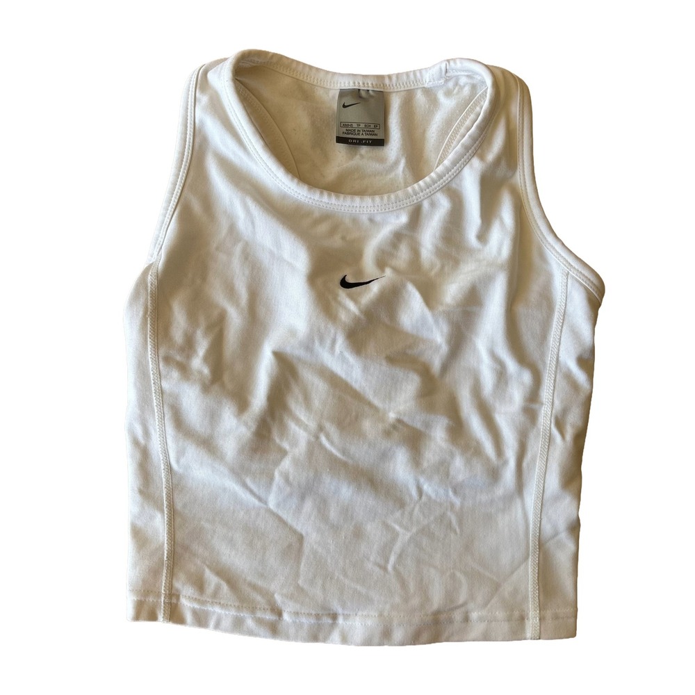 Vintage Y2K Nike Dri-FIT White Cropped Racerback Tank Top Built-in Shelf Bra XS